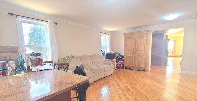 living area with light wood finished floors and ornamental molding