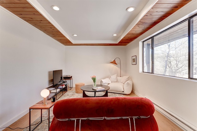 living room featuring a baseboard radiator, a raised ceiling, baseboards, and wood finished floors