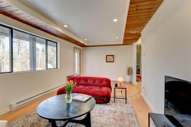 living area featuring a baseboard heating unit, wood finished floors, recessed lighting, baseboards, and wood ceiling
