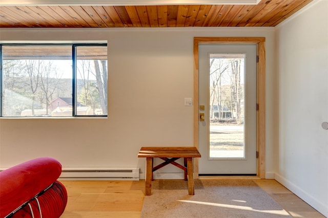 doorway to outside with a baseboard radiator, wood ceiling, and a healthy amount of sunlight
