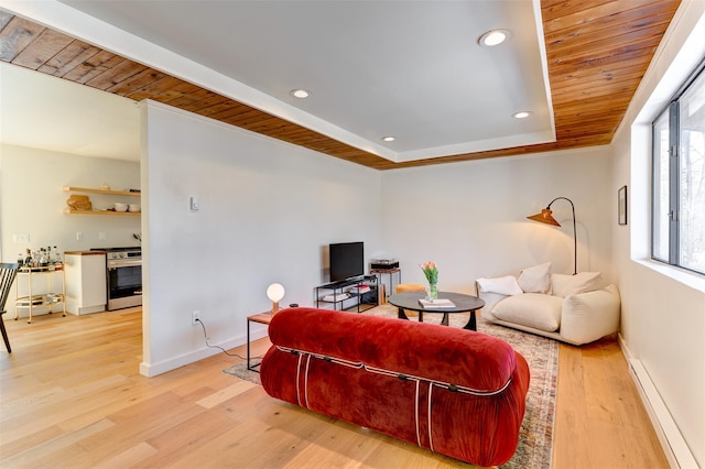 living area with a baseboard heating unit, baseboards, wood ceiling, recessed lighting, and wood finished floors