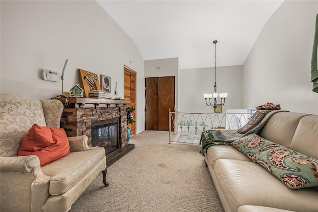 living room featuring a chandelier, carpet, a fireplace, and high vaulted ceiling