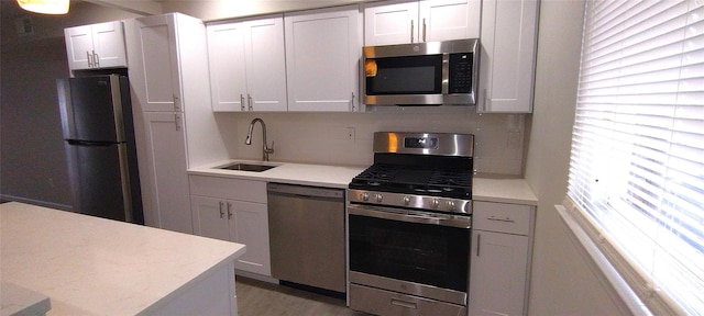 kitchen featuring light wood finished floors, stainless steel appliances, a sink, and light countertops