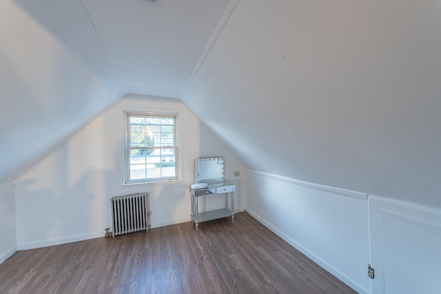 bonus room with radiator, baseboards, wood finished floors, and lofted ceiling