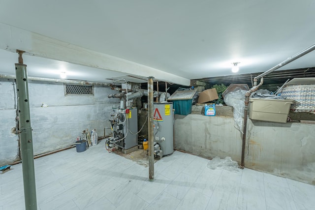 finished basement with water heater, a heating unit, and tile patterned floors