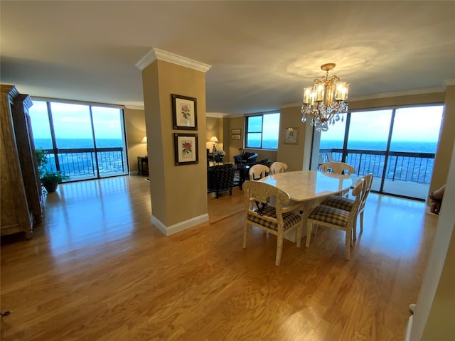 dining area featuring light wood finished floors, a water view, an inviting chandelier, ornamental molding, and baseboards