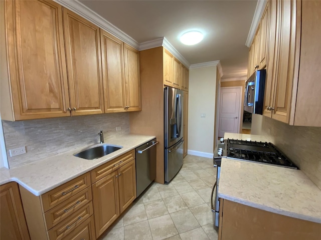 kitchen with light tile patterned floors, tasteful backsplash, appliances with stainless steel finishes, ornamental molding, and a sink