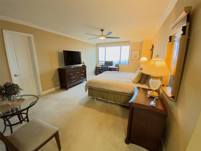 bedroom featuring a ceiling fan, baseboards, crown molding, and light colored carpet