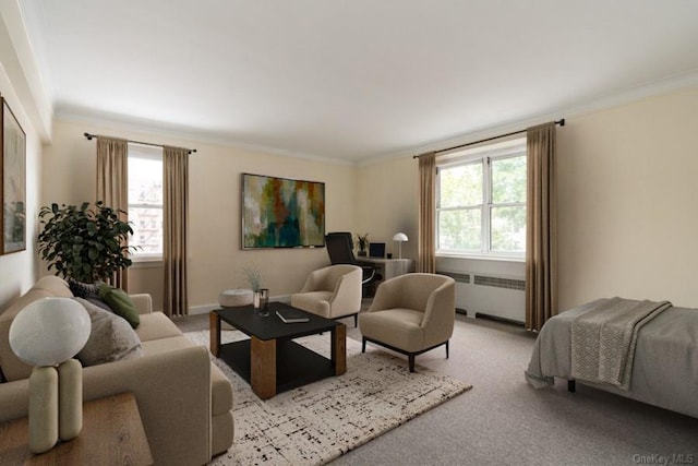 living area with crown molding, radiator, and light carpet