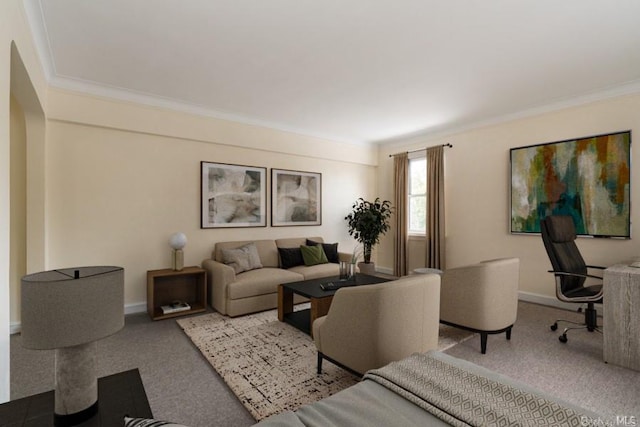 carpeted living area featuring crown molding and baseboards