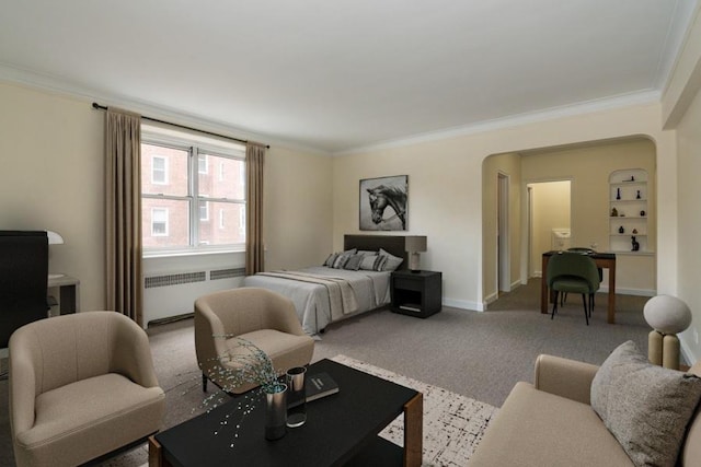 bedroom with carpet flooring, crown molding, and radiator