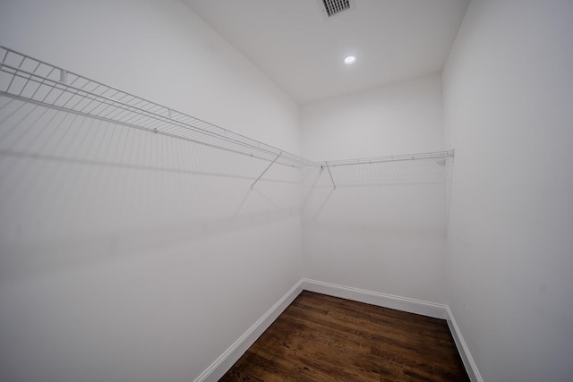 spacious closet featuring visible vents and dark wood finished floors