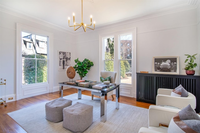 office area with crown molding, a wealth of natural light, and wood finished floors