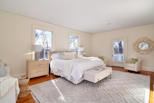 bedroom featuring multiple windows, baseboards, and wood finished floors