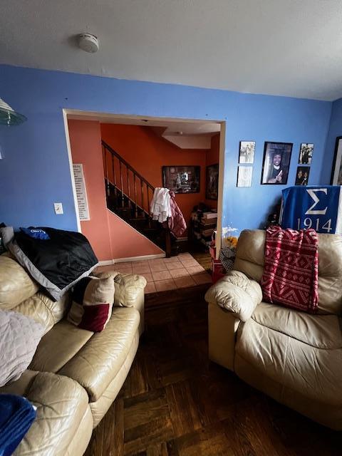 living room with stairs