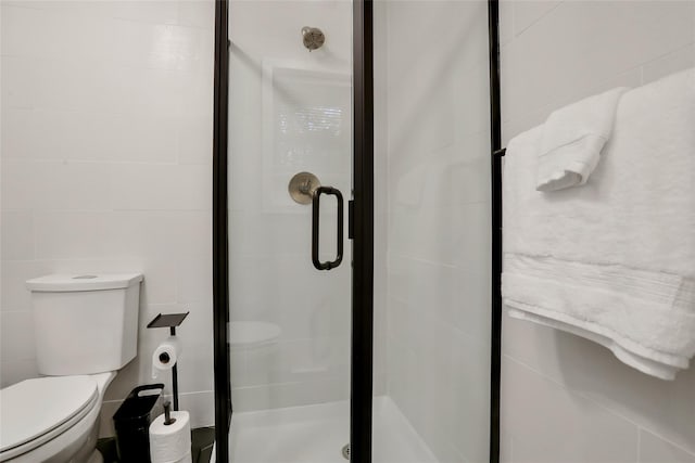 full bathroom featuring a stall shower and toilet