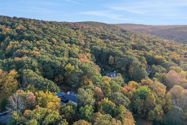 aerial view featuring a forest view and a mountain view