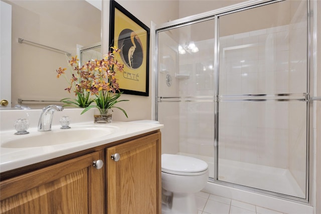 full bath with toilet, tile patterned flooring, vanity, and a shower stall