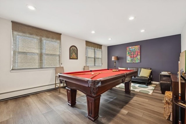 playroom featuring recessed lighting, baseboard heating, wood finished floors, and pool table