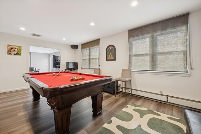 recreation room with recessed lighting, baseboards, wood finished floors, and billiards