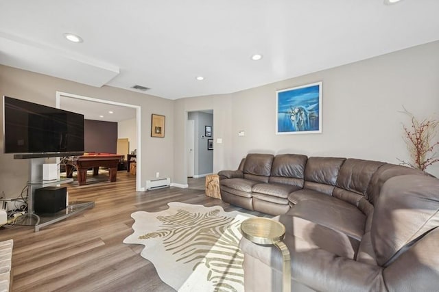 living area featuring visible vents, pool table, recessed lighting, wood finished floors, and a baseboard radiator