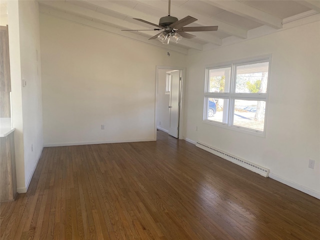 unfurnished room with hardwood / wood-style flooring, a ceiling fan, baseboard heating, and beamed ceiling