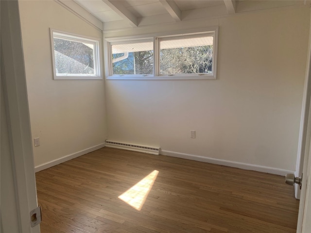 empty room with visible vents, lofted ceiling with beams, baseboards, and wood finished floors