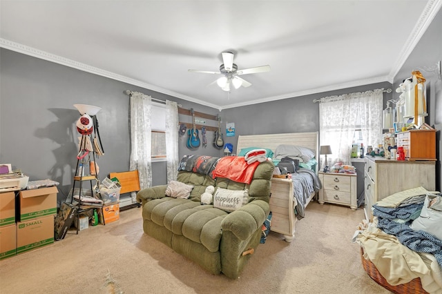 bedroom with ceiling fan, crown molding, and carpet flooring