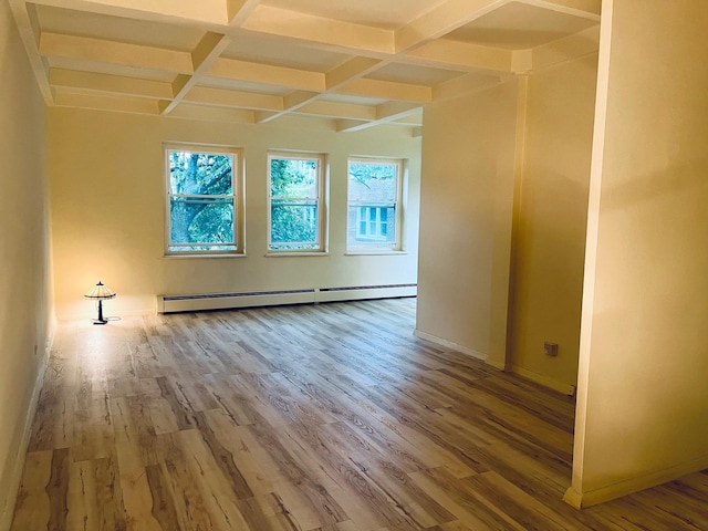 unfurnished room featuring baseboards, coffered ceiling, wood finished floors, beamed ceiling, and a baseboard heating unit