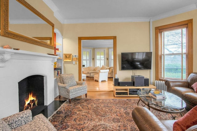 living area featuring a lit fireplace, crown molding, and wood finished floors