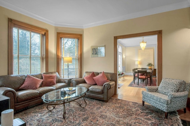 living area featuring ornamental molding and wood finished floors