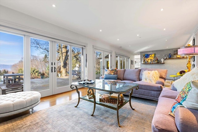 living area featuring a wealth of natural light, french doors, recessed lighting, and wood finished floors