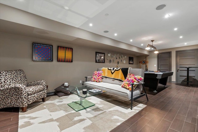 living room featuring recessed lighting and wood finish floors