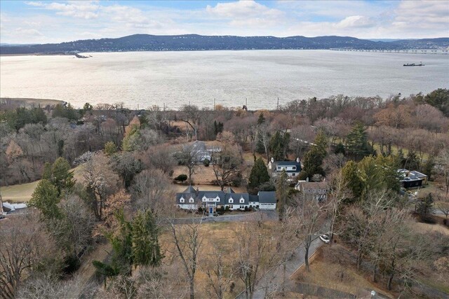 drone / aerial view featuring a water and mountain view