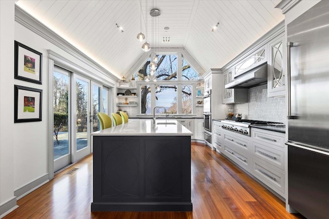 kitchen with under cabinet range hood, visible vents, dark wood-type flooring, and appliances with stainless steel finishes
