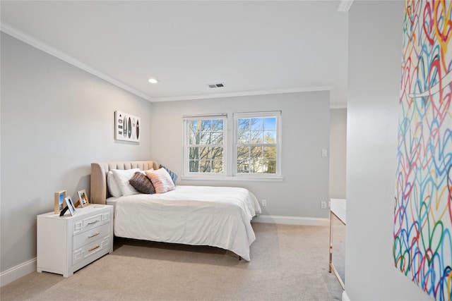 bedroom featuring light carpet, crown molding, visible vents, and baseboards