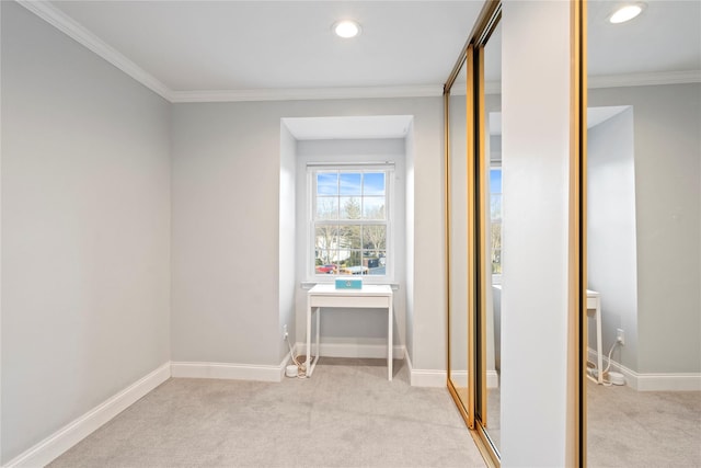 hallway with light carpet, baseboards, crown molding, and recessed lighting