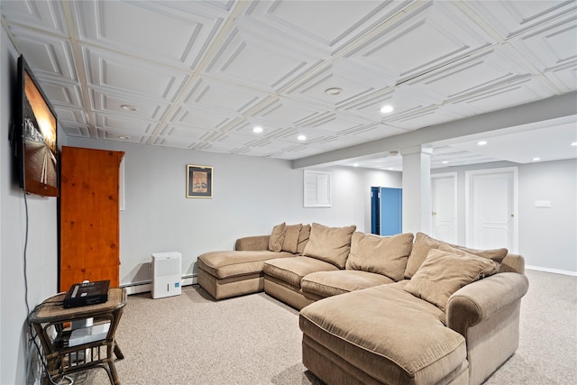 living area featuring carpet, baseboards, baseboard heating, and recessed lighting