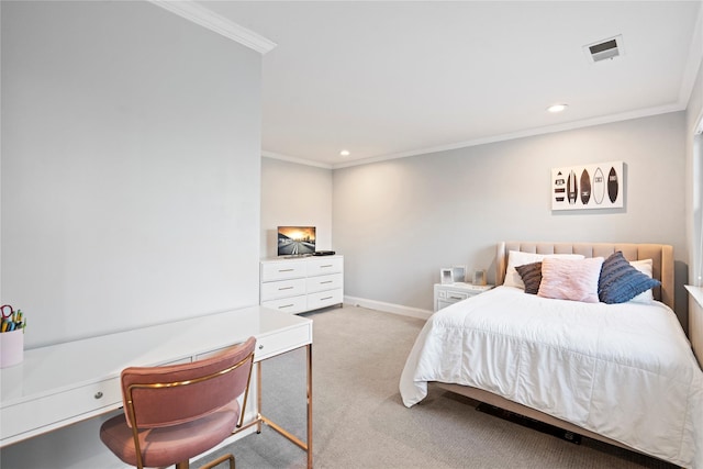 bedroom featuring ornamental molding, light colored carpet, and baseboards