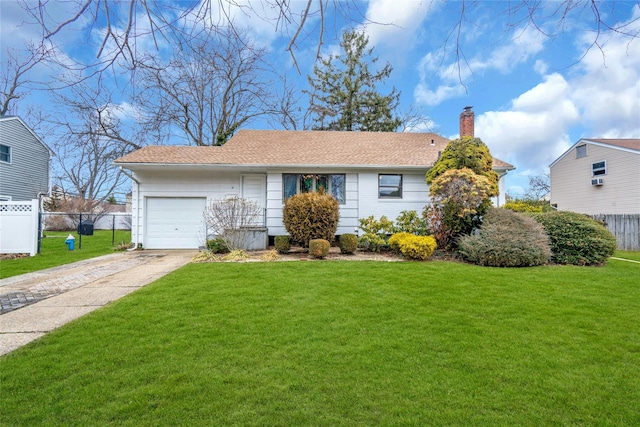 view of front facade with driveway, a front lawn, fence, a garage, and a chimney