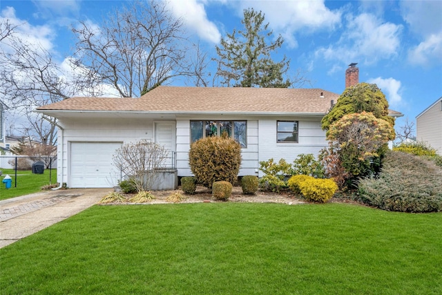 single story home featuring a front lawn, fence, a chimney, driveway, and an attached garage