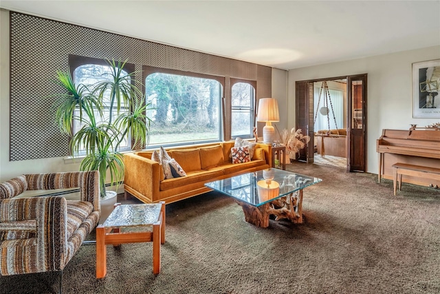 living room with carpet flooring and baseboard heating