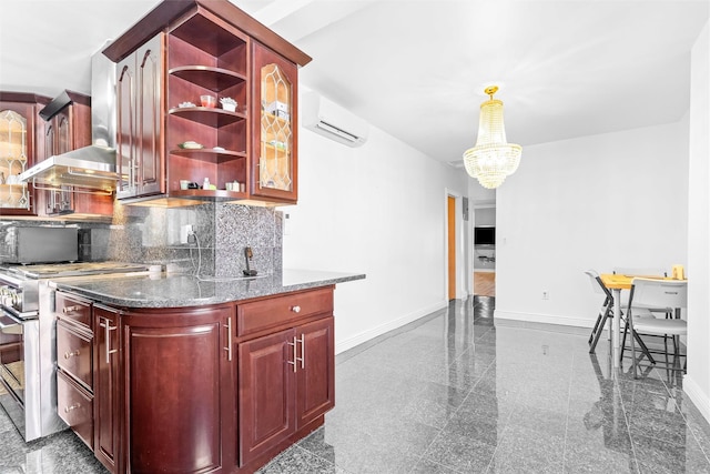 kitchen with reddish brown cabinets, open shelves, granite finish floor, stainless steel gas stove, and baseboards