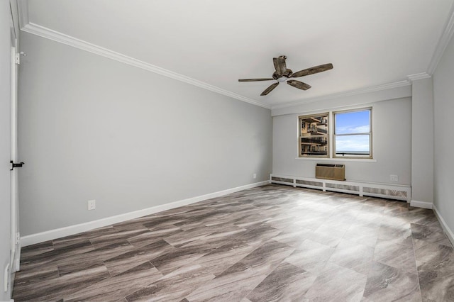 empty room featuring ceiling fan, baseboards, an AC wall unit, and ornamental molding