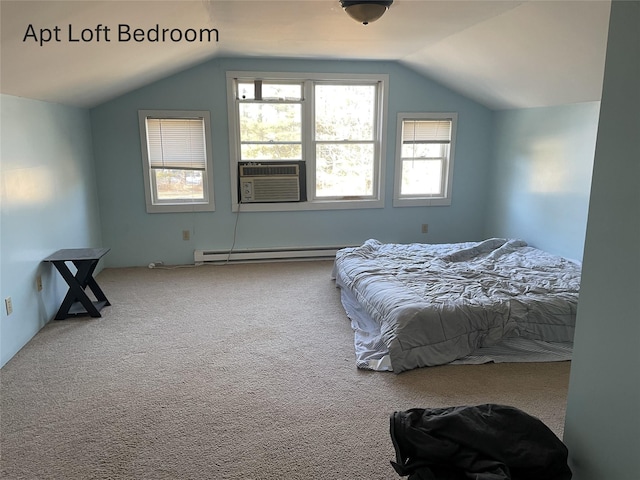 bedroom featuring a baseboard radiator, vaulted ceiling, and carpet flooring