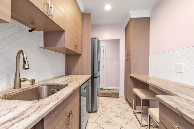 kitchen featuring stainless steel fridge, dishwasher, light stone countertops, marble finish floor, and a sink