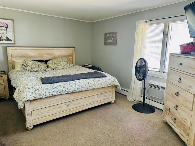 carpeted bedroom featuring ornamental molding, an AC wall unit, and baseboard heating