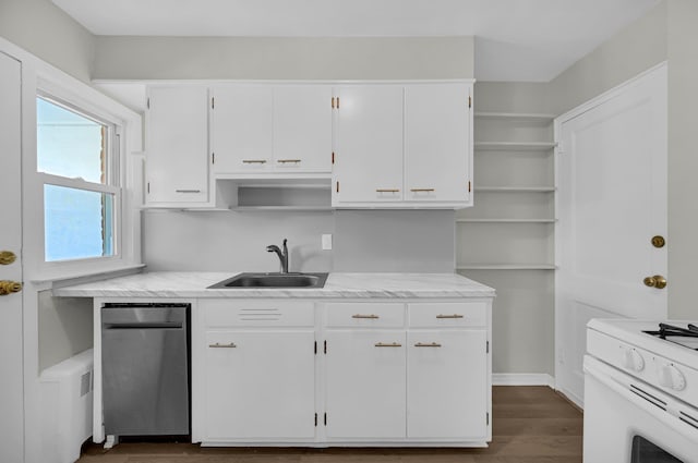 kitchen with white range with gas stovetop, dark wood-style flooring, a sink, white cabinetry, and open shelves