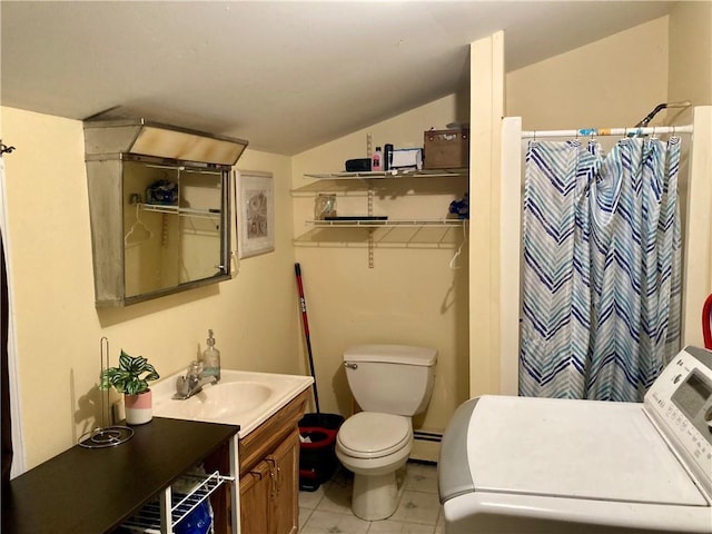 bathroom featuring a baseboard heating unit, curtained shower, lofted ceiling, and toilet