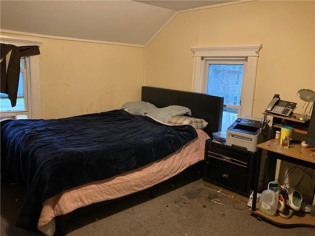 carpeted bedroom featuring lofted ceiling